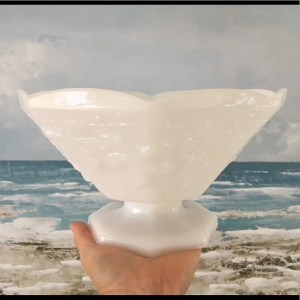 Vintage Footed Milk Glass Bowl with Grapevine Pattern